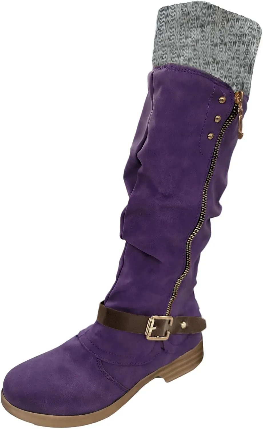 Hbeylia Knee High Boots for Women Mid Calf Flats Boots Sweater Knitted Cuff Fashion Side Zip Buckles Winter Boots Low Heel Motorcycle Riding Boots Round Toe Comfortable Tall Boots