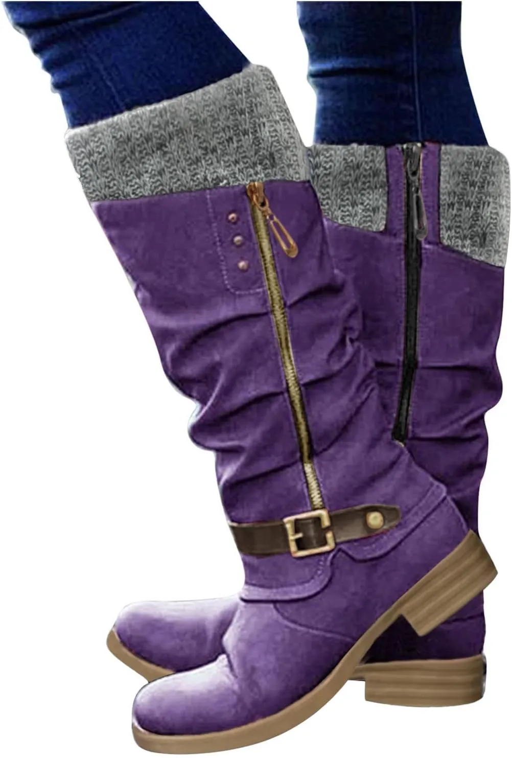 Hbeylia Knee High Boots for Women Mid Calf Flats Boots Sweater Knitted Cuff Fashion Side Zip Buckles Winter Boots Low Heel Motorcycle Riding Boots Round Toe Comfortable Tall Boots