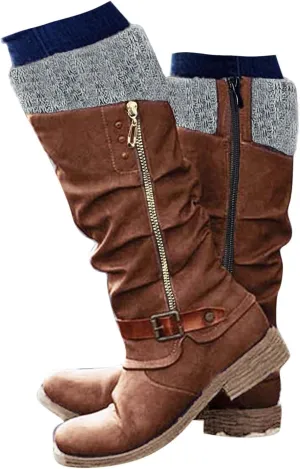 Hbeylia Knee High Boots for Women Mid Calf Flats Boots Sweater Knitted Cuff Fashion Side Zip Buckles Winter Boots Low Heel Motorcycle Riding Boots Round Toe Comfortable Tall Boots
