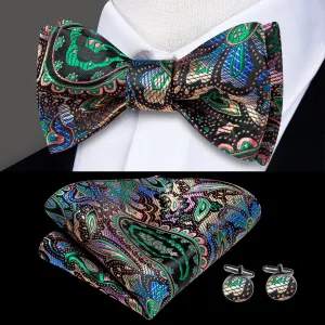 Hi-Tie Black Green Paisley Self-tied Bow Tie Hanky Cufflinks Set
