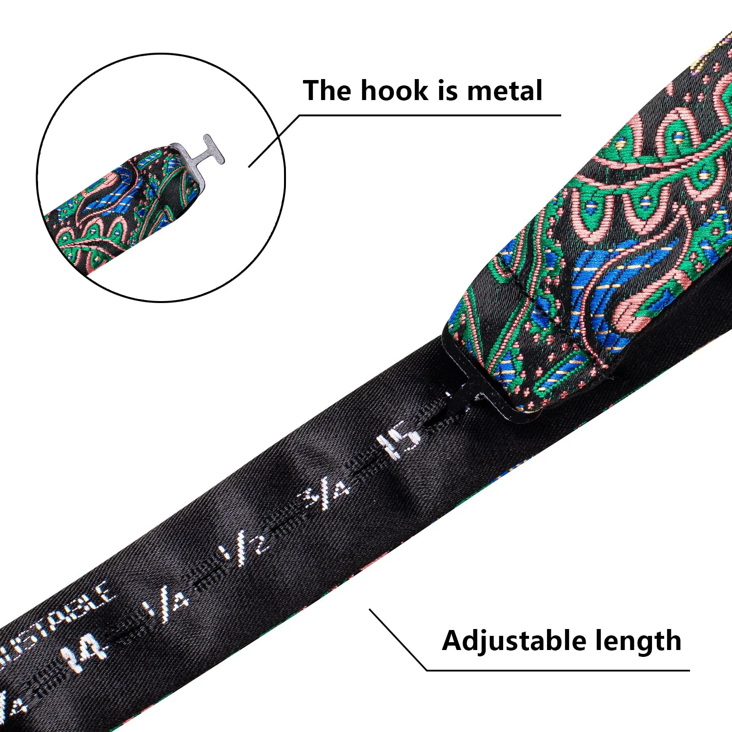 Hi-Tie Black Green Paisley Self-tied Bow Tie Hanky Cufflinks Set