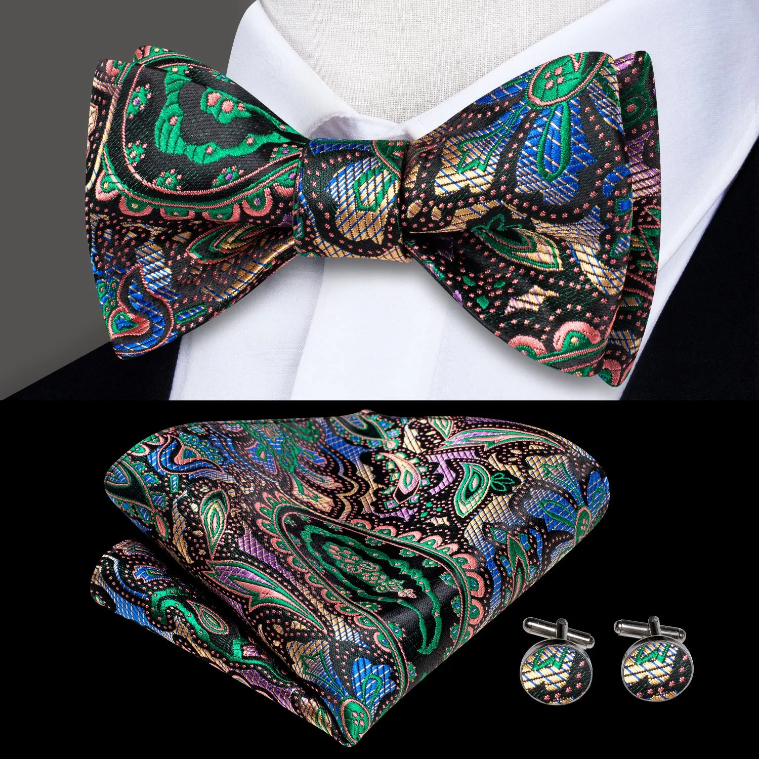 Hi-Tie Black Green Paisley Self-tied Bow Tie Hanky Cufflinks Set