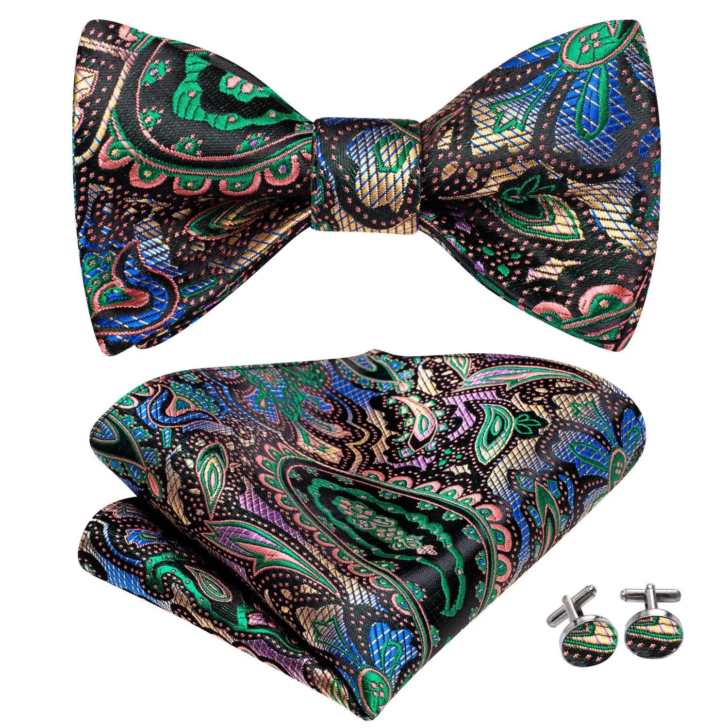 Hi-Tie Black Green Paisley Self-tied Bow Tie Hanky Cufflinks Set