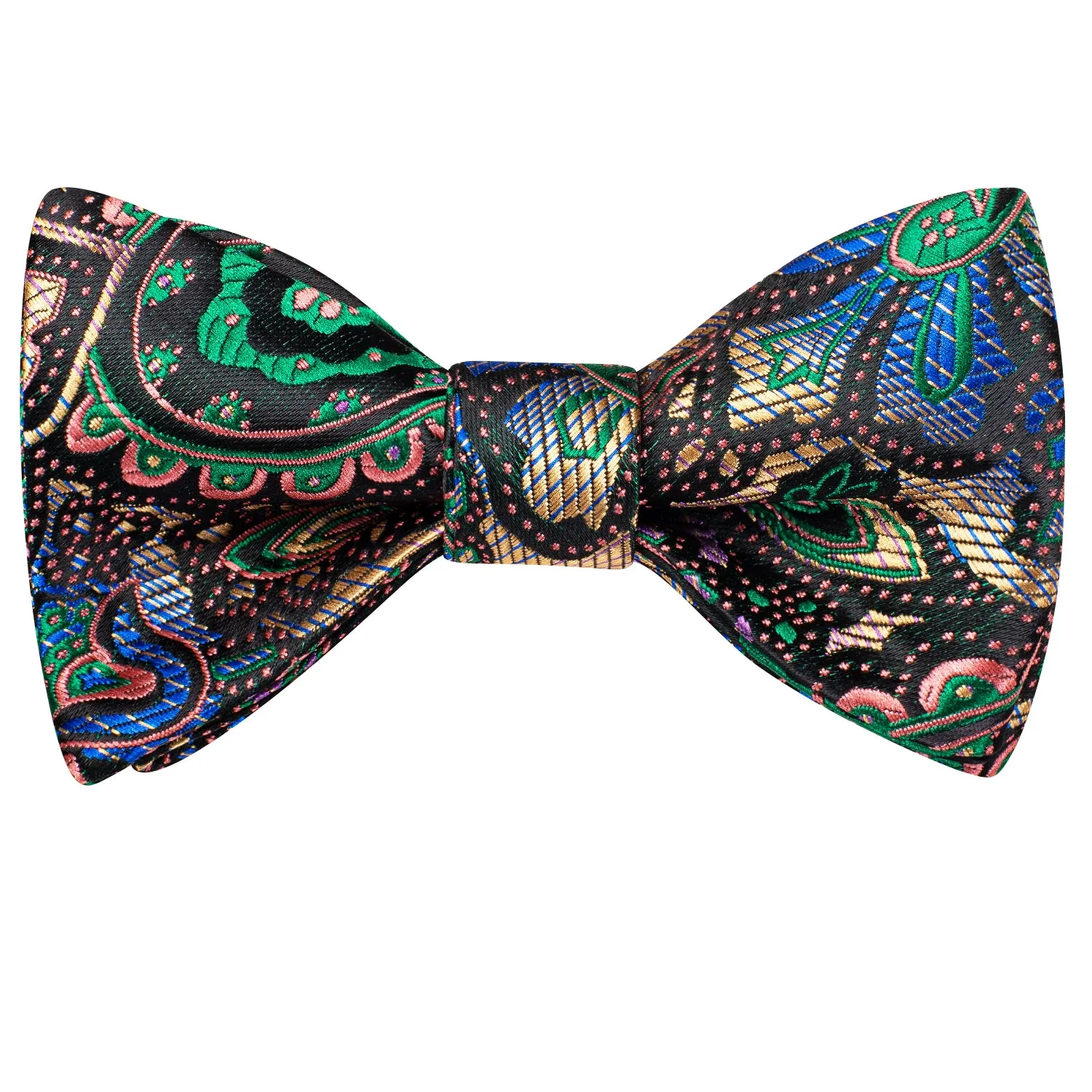 Hi-Tie Black Green Paisley Self-tied Bow Tie Hanky Cufflinks Set