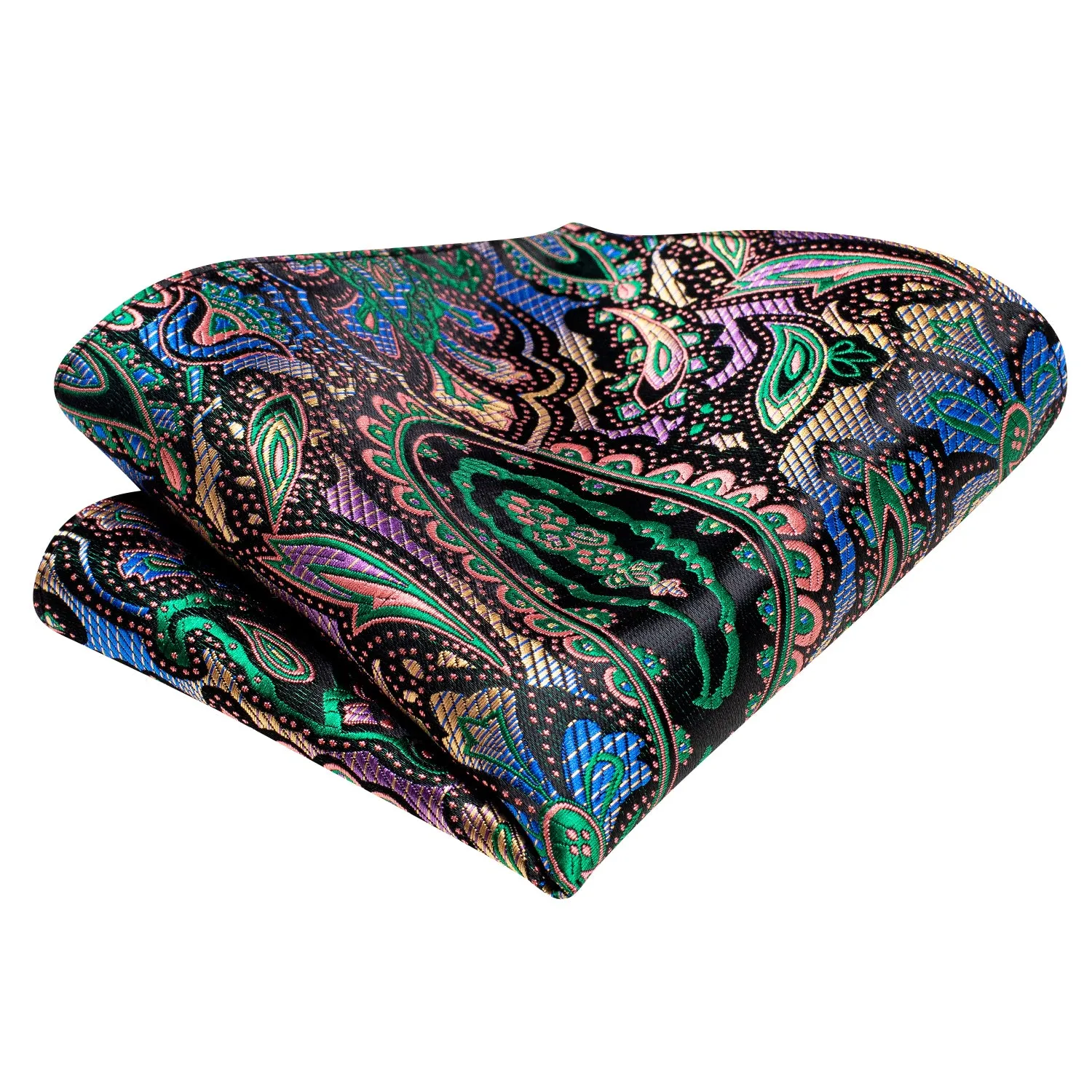 Hi-Tie Black Green Paisley Self-tied Bow Tie Hanky Cufflinks Set