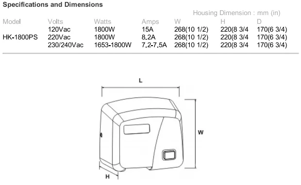 HK1800PS, FastDry White ABS Hand Dryer