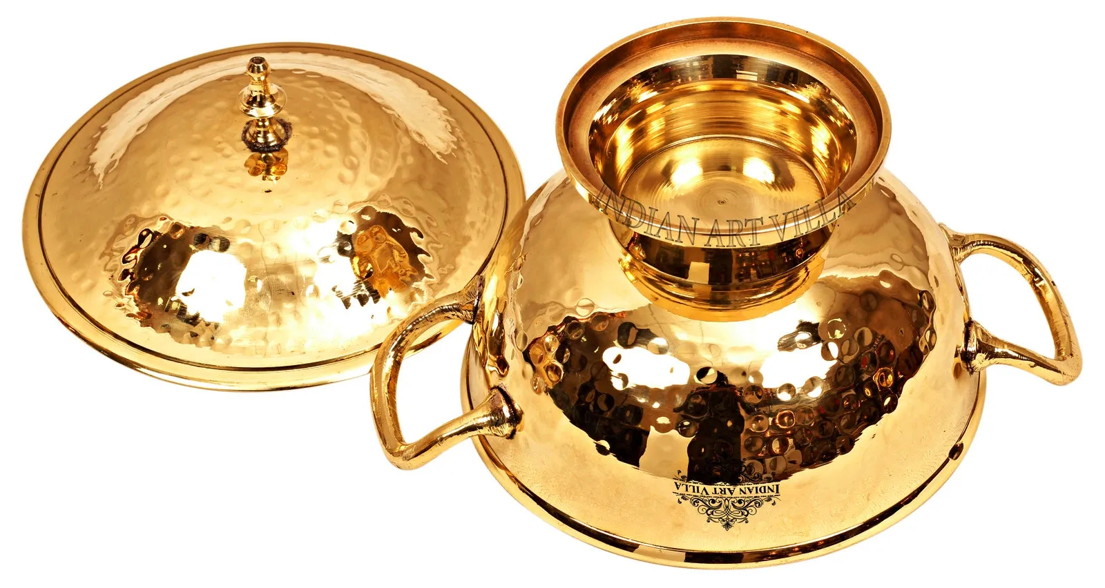 Indian Art Villa Handmade Pure Brass Casserole Donga with Bottom, Hammered Design, Serveware, Tableware