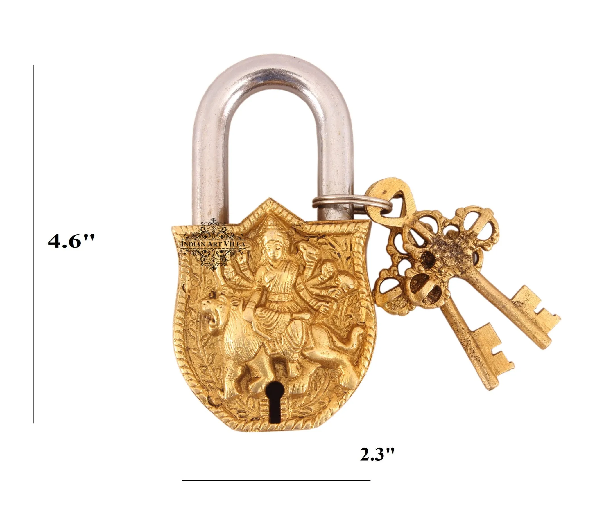 Indian Art Villa Pure Brass Durga Maa sitting on Lion Design Lock with 2 Key