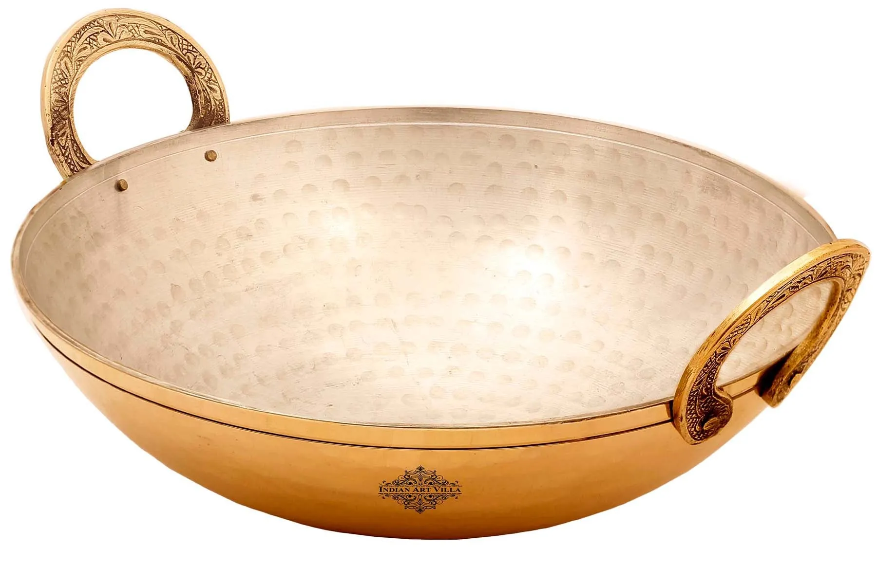Indian Art Villa Pure Brass Slightly Hammered Kadhai with a Tin Lining, Cookware, Serveware