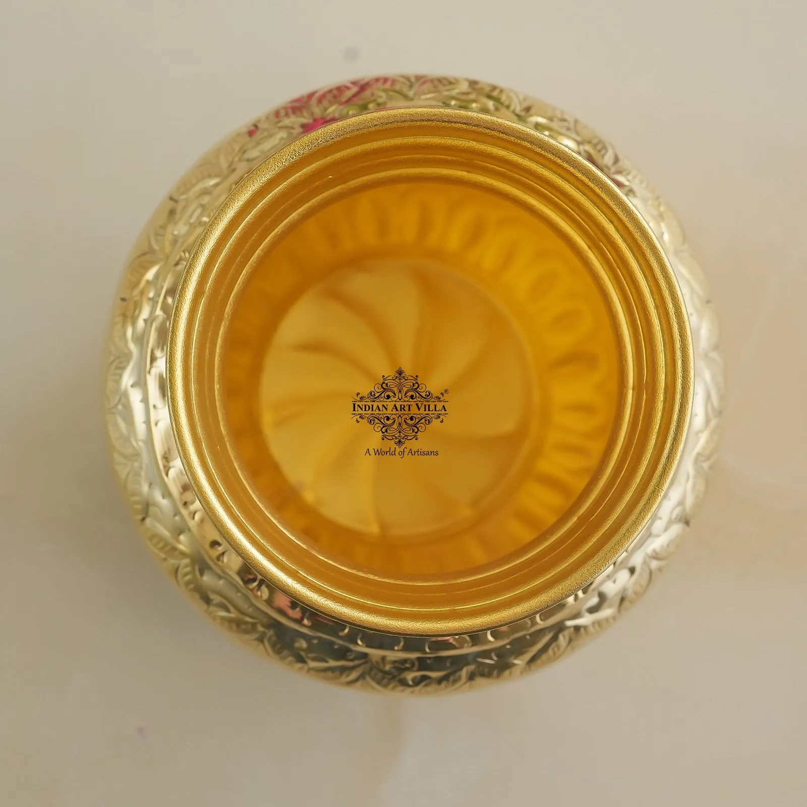 IndianArtVilla Handcrafted Pure Brass Embossed Design Mangal Kalash, For Pooja & Spiritual Purpose