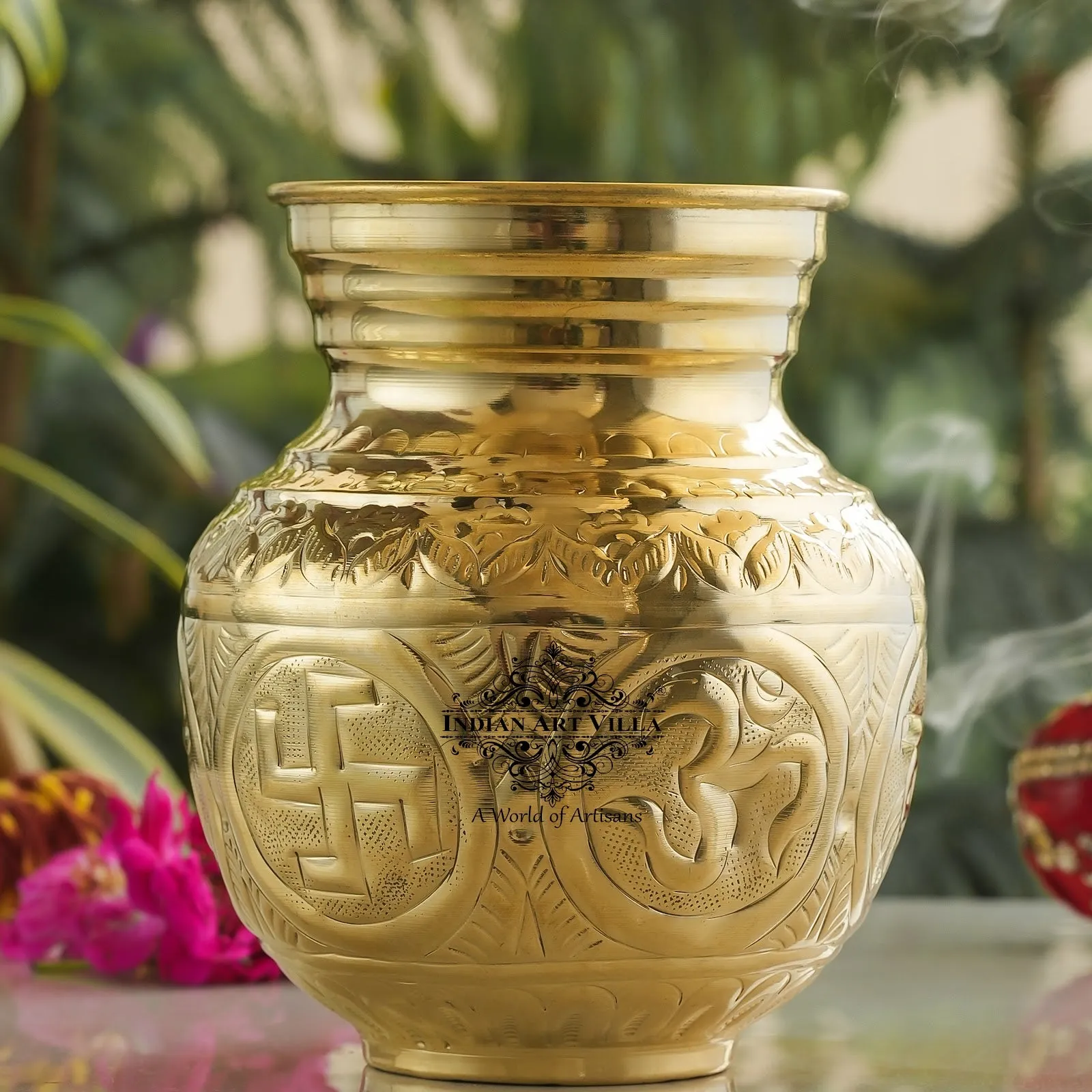 IndianArtVilla Handcrafted Pure Brass Embossed Design Mangal Kalash, For Pooja & Spiritual Purpose