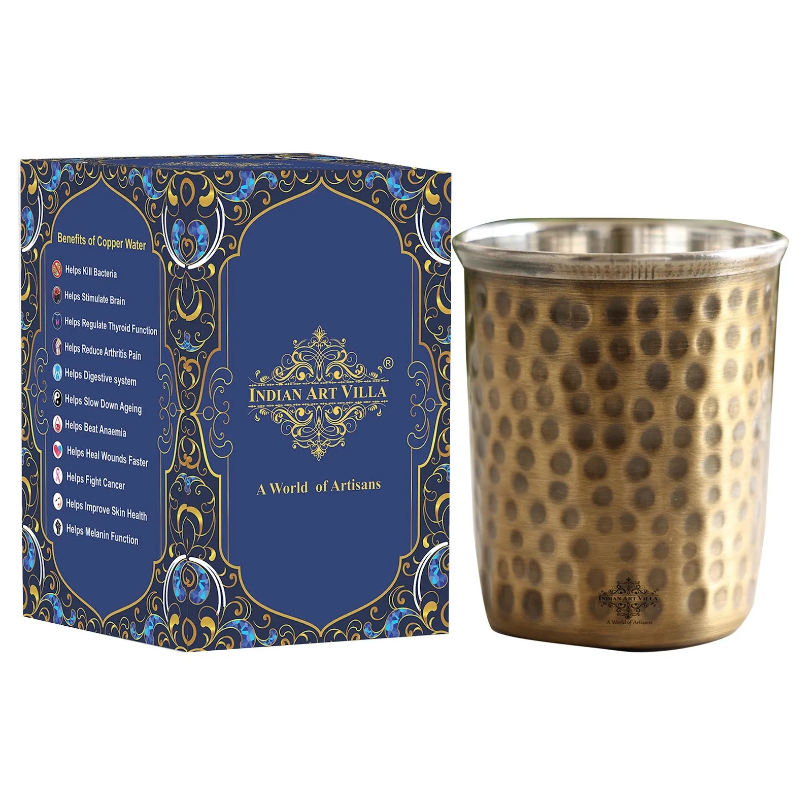 IndianArtVilla Handmade Pure Brass Steel Antique Dark Design Glass | Tumbler, Drinkware, Serveware, 270ml