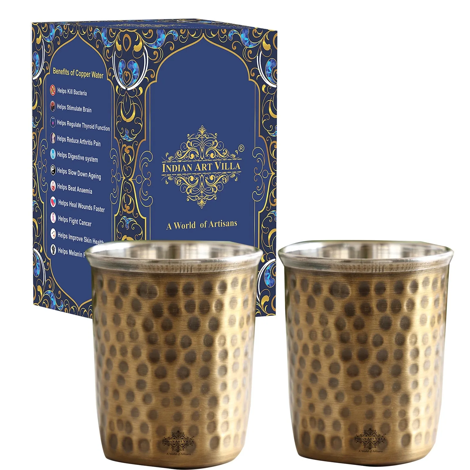 IndianArtVilla Handmade Pure Brass Steel Antique Dark Design Glass | Tumbler, Drinkware, Serveware, 270ml