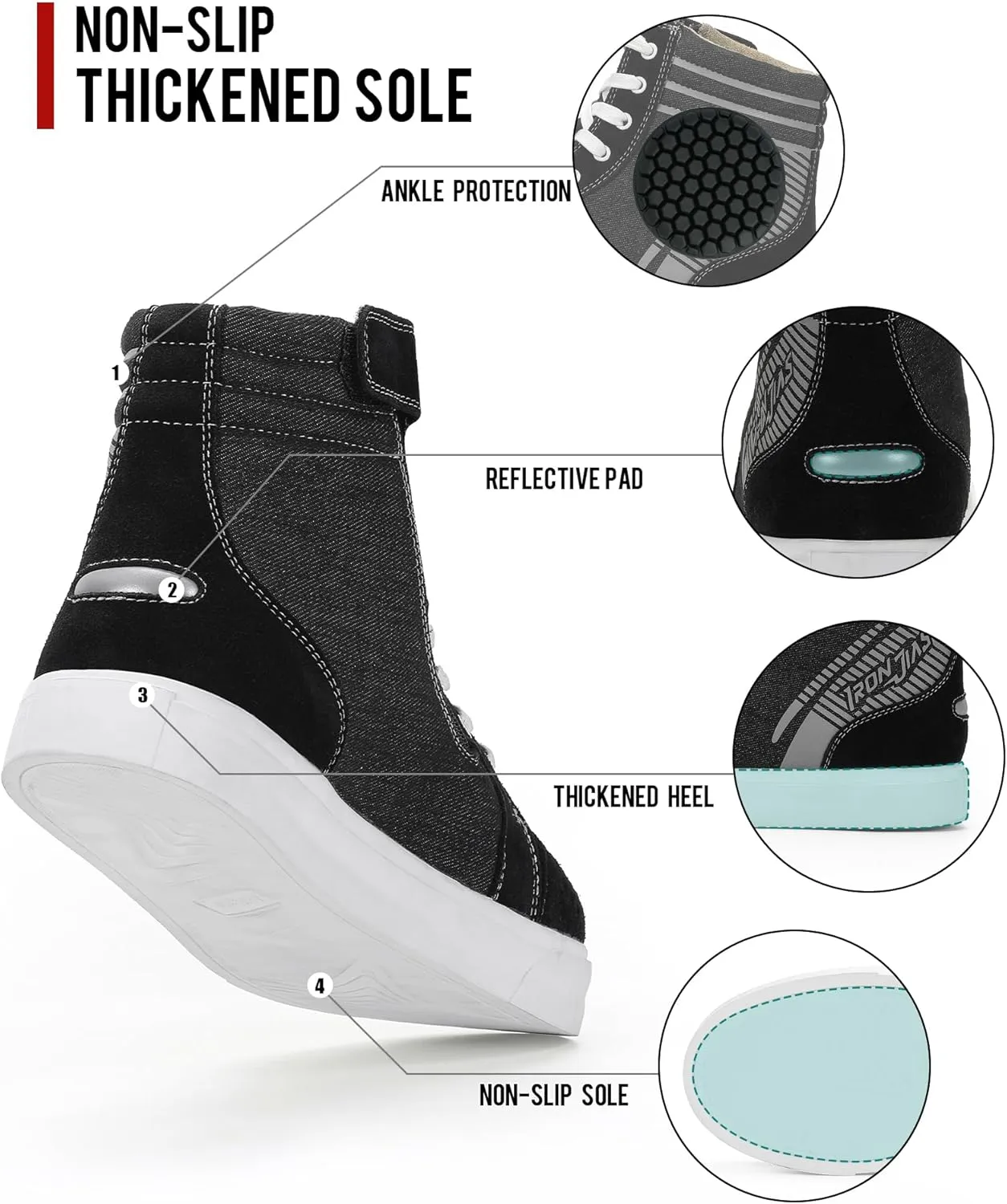 IRON JIA'S Motorcycle Shoes for Men, Anti-Slip Breathable Street Casual Motorcycle Riding Boots with Side Zipper, Ankle Support, Shift Pads 11