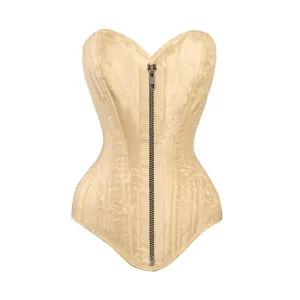 Ivory Brocade Long U Shaped Burlesque Front Antique Zipper Overbust Corset