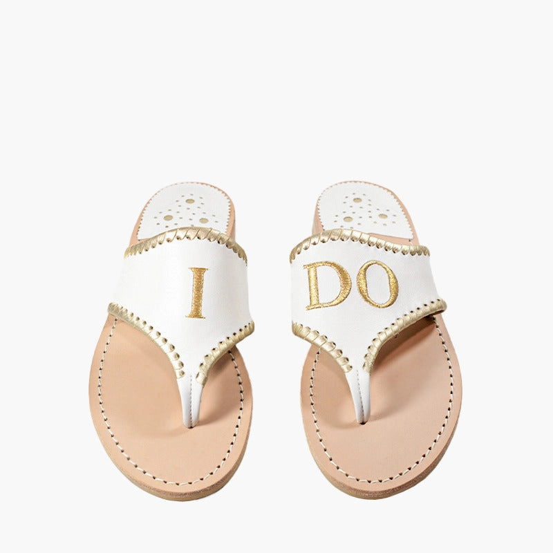 Outdoor Friendly Jacks Embroidered "I DO" Leather Flat Sandal