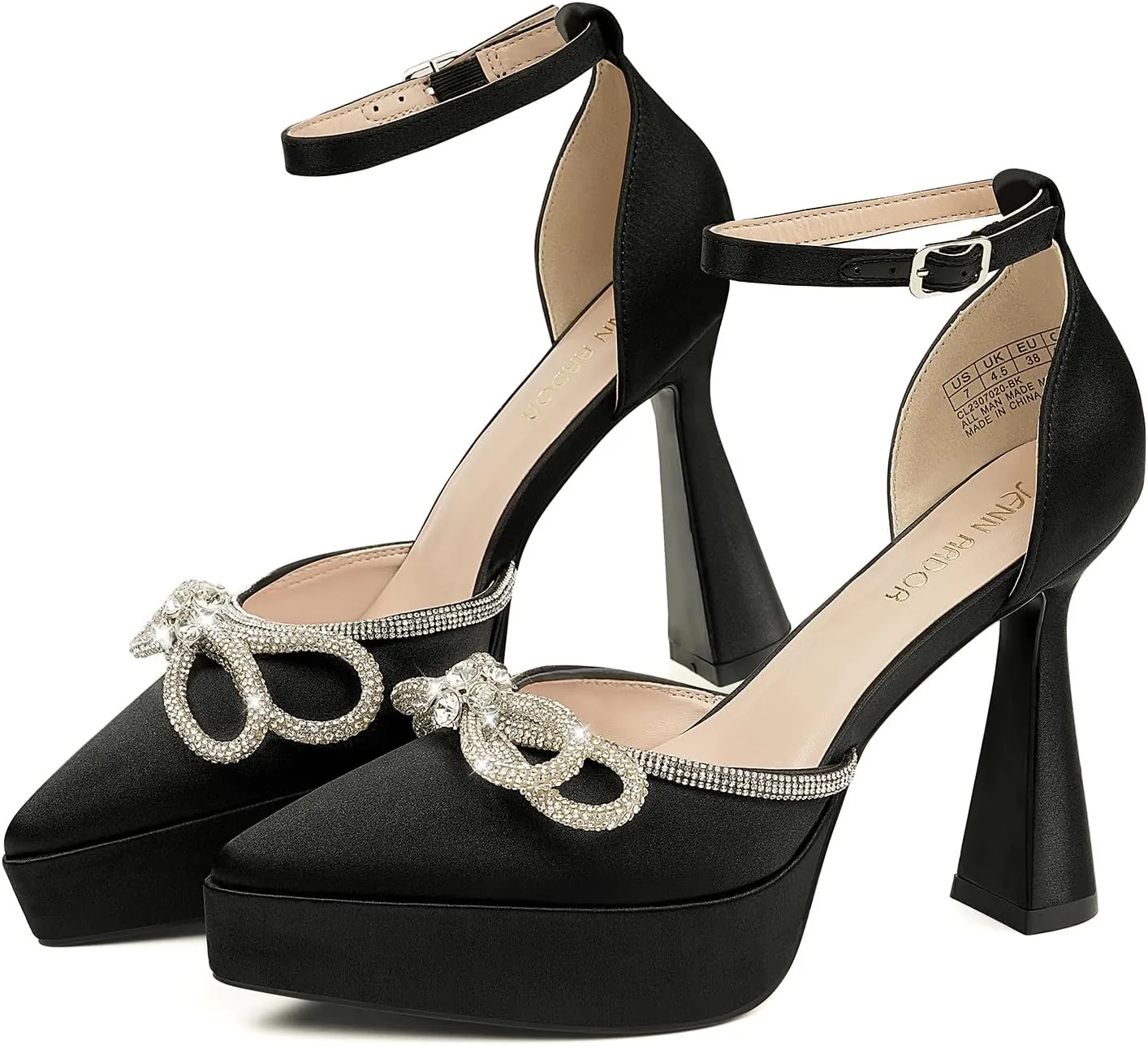 JENN ARDOR Platform Heels for Women Rhinestone Sparkly Bow High Heels Closed Pointed Toe Stilettos Ankle Buckle Strap Pumps Wedding Party Prom Dress Shoes