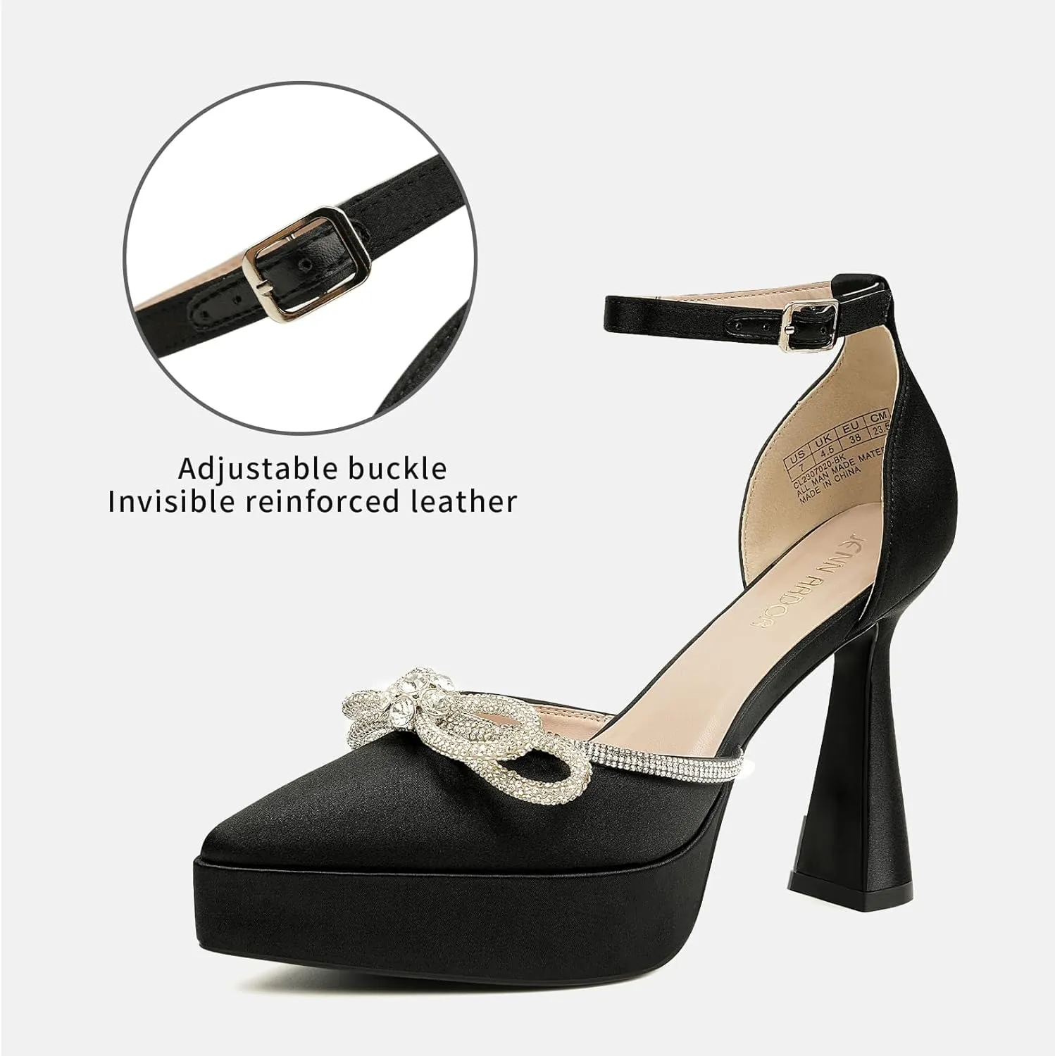 JENN ARDOR Platform Heels for Women Rhinestone Sparkly Bow High Heels Closed Pointed Toe Stilettos Ankle Buckle Strap Pumps Wedding Party Prom Dress Shoes