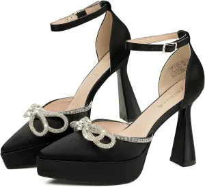 JENN ARDOR Platform Heels for Women Rhinestone Sparkly Bow High Heels Closed Pointed Toe Stilettos Ankle Buckle Strap Pumps Wedding Party Prom Dress Shoes