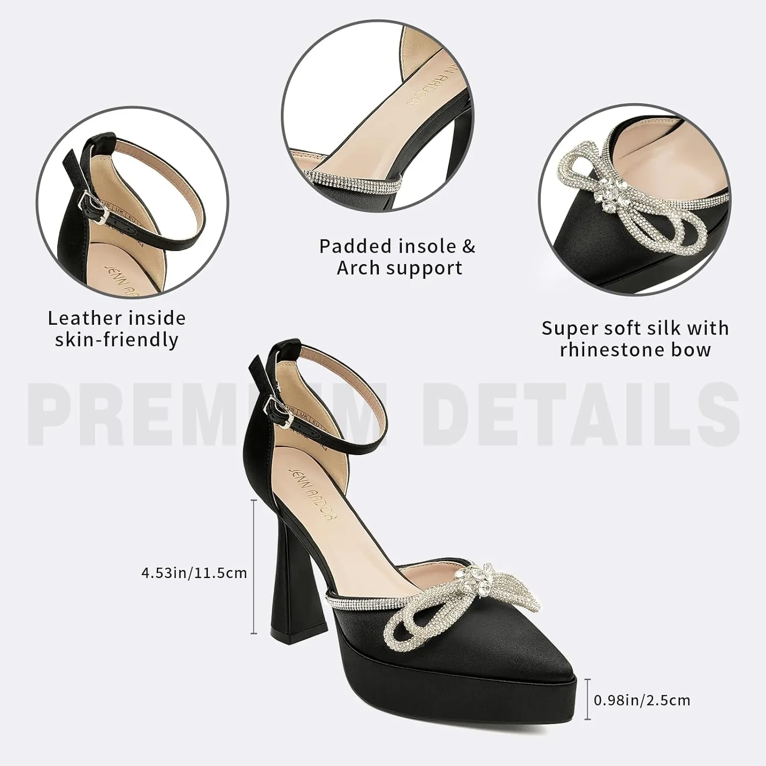 JENN ARDOR Platform Heels for Women Rhinestone Sparkly Bow High Heels Closed Pointed Toe Stilettos Ankle Buckle Strap Pumps Wedding Party Prom Dress Shoes