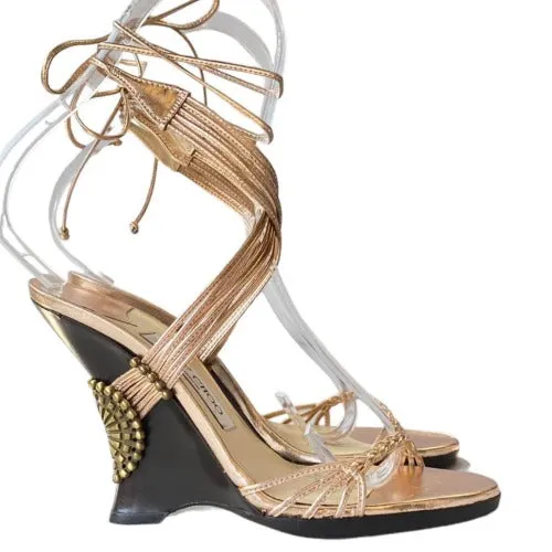 JIMMY CHOO Copper Gold Metallic Nappa Ankle Strap Wedge Sandals, Size 36