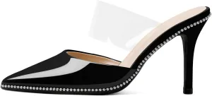 Joseywade Women's Heeled Mules Beaded Sandals Stilettos Heels Pointed Closed Toe Clear PVC Ankle Strap Patent Fashion Dress Shoes