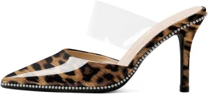 Joseywade Women's Heeled Mules Beaded Sandals Stilettos Heels Pointed Closed Toe Clear PVC Ankle Strap Patent Fashion Dress Shoes