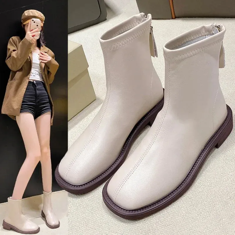 Joskaa Shoes White Mid-Calf Boots silver  Boots-Women Low Leather Mid Calf Pointy Rock Ladies Autumn 2024 Rubber Pointed Toe Slip-On Ro