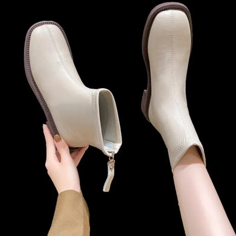 Joskaa Shoes White Mid-Calf Boots silver  Boots-Women Low Leather Mid Calf Pointy Rock Ladies Autumn 2024 Rubber Pointed Toe Slip-On Ro