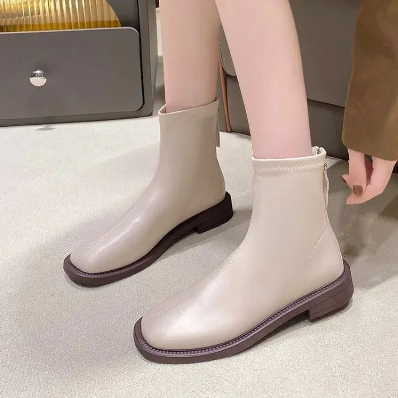 Joskaa Shoes White Mid-Calf Boots silver  Boots-Women Low Leather Mid Calf Pointy Rock Ladies Autumn 2024 Rubber Pointed Toe Slip-On Ro