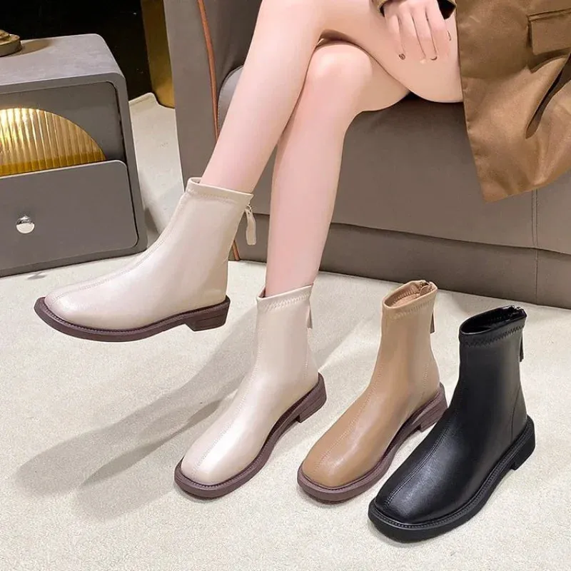 Joskaa Shoes White Mid-Calf Boots silver  Boots-Women Low Leather Mid Calf Pointy Rock Ladies Autumn 2024 Rubber Pointed Toe Slip-On Ro