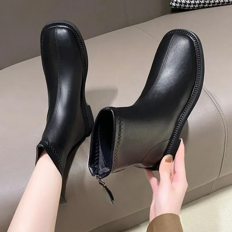 Joskaa Shoes White Mid-Calf Boots silver  Boots-Women Low Leather Mid Calf Pointy Rock Ladies Autumn 2024 Rubber Pointed Toe Slip-On Ro