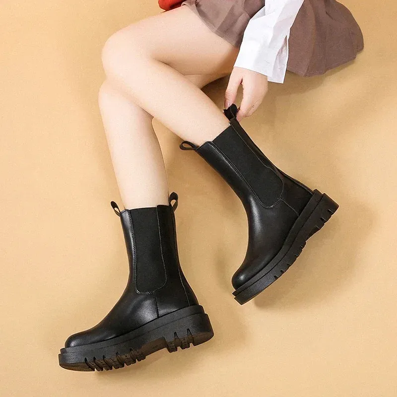 Joskaa Women Chelsea Boots Spring New Black Mid Ankle Flat Platform Lady Shoes Female All Match Classic Concise Fashion Round Toe Shoes