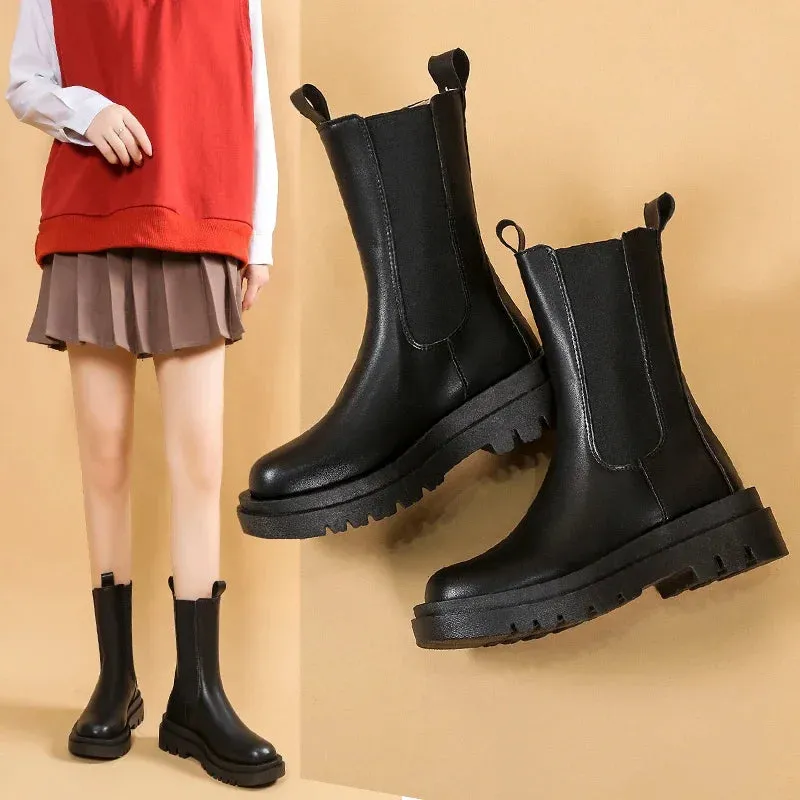 Joskaa Women Chelsea Boots Spring New Black Mid Ankle Flat Platform Lady Shoes Female All Match Classic Concise Fashion Round Toe Shoes
