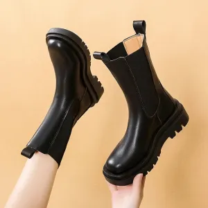 Joskaa Women Chelsea Boots Spring New Black Mid Ankle Flat Platform Lady Shoes Female All Match Classic Concise Fashion Round Toe Shoes