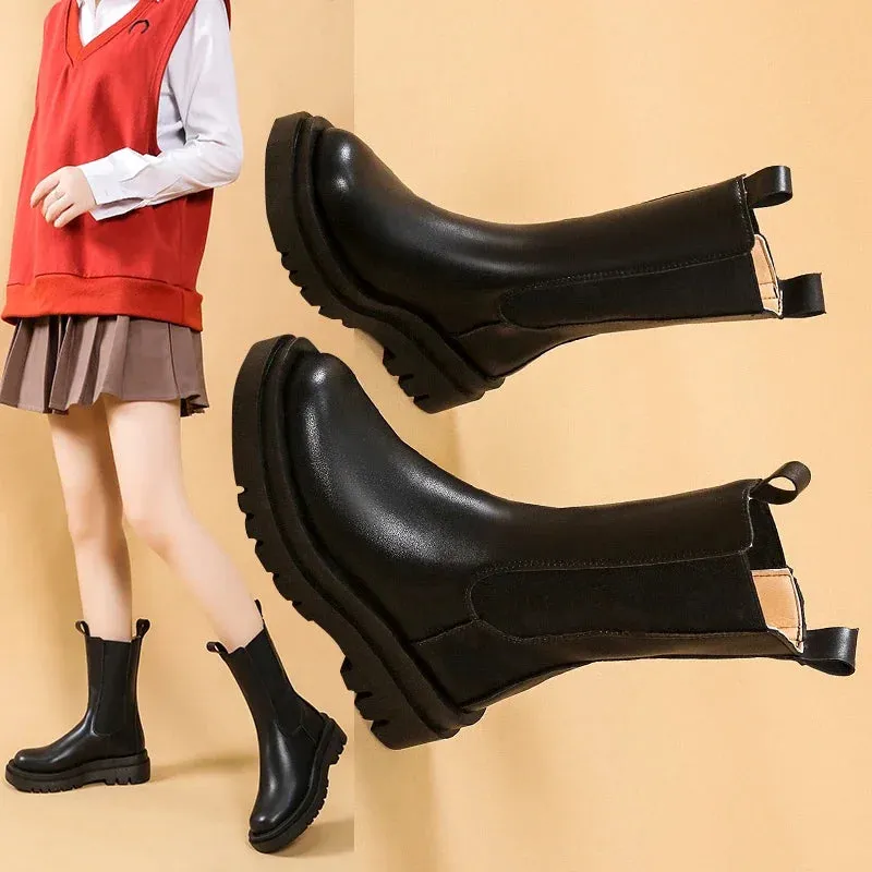 Joskaa Women Chelsea Boots Spring New Black Mid Ankle Flat Platform Lady Shoes Female All Match Classic Concise Fashion Round Toe Shoes