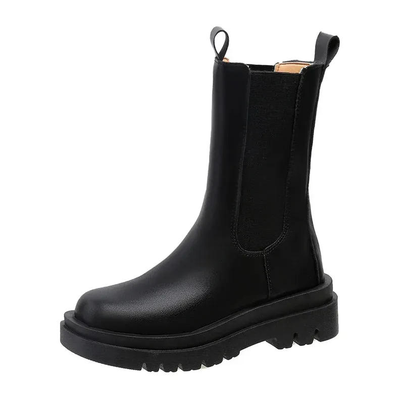Joskaa Women Chelsea Boots Spring New Black Mid Ankle Flat Platform Lady Shoes Female All Match Classic Concise Fashion Round Toe Shoes