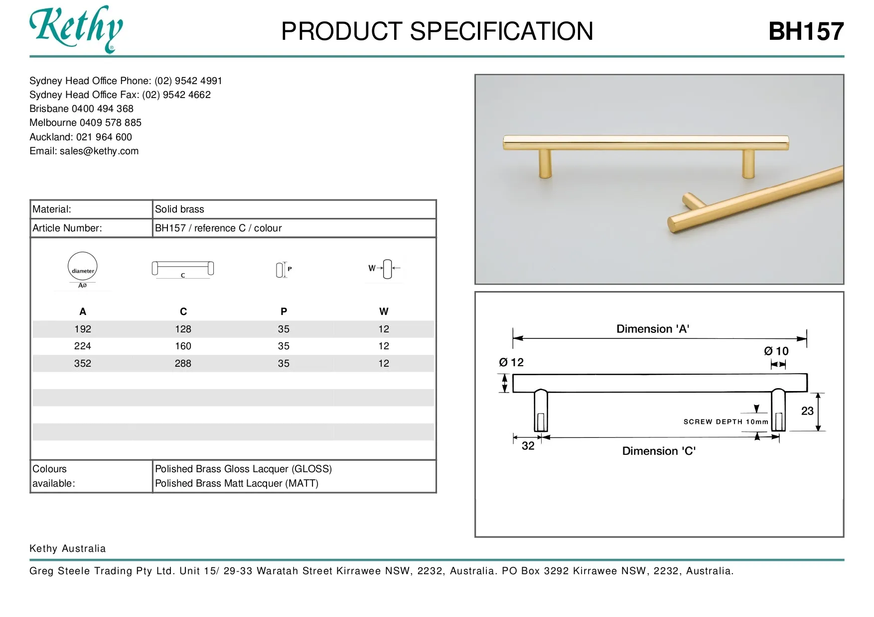 KETHY BH157 CORNET BRASS CABINET HANDLE 160MM