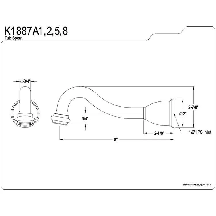 Kingston Brass Bathroom Accessories Polished Brass Heritage 8" Tub Spout K1887A2