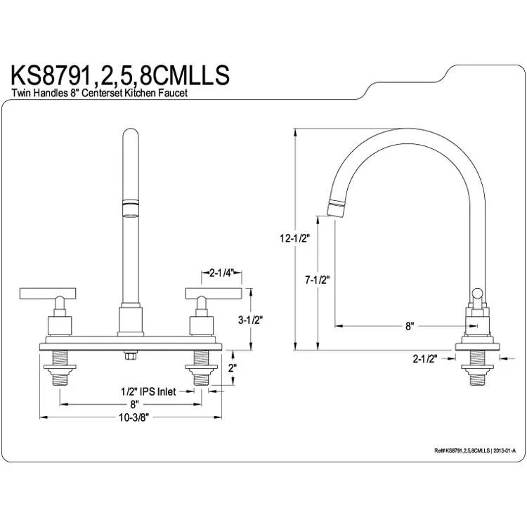 Kingston Polished Brass Manhattan 8" kitchen faucet without sprayer KS8792CMLLS
