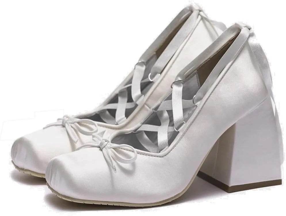 KOKOMOMO Womens Cute Goth Lolita Cosplay Shoes Bow Mary Jane Platform Satin Heels Lace Up Chunky Heel Pumps