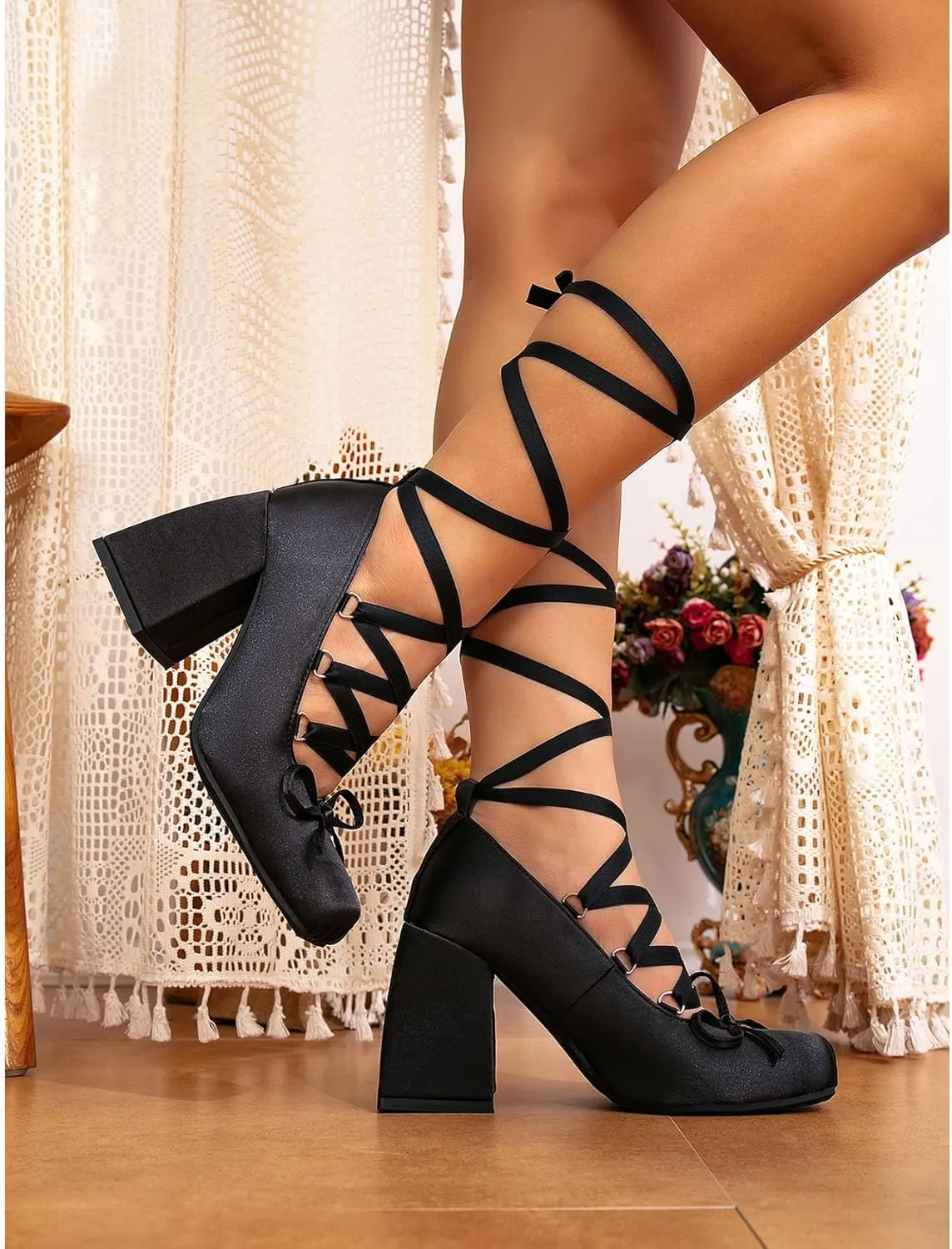 KOKOMOMO Womens Cute Goth Lolita Cosplay Shoes Bow Mary Jane Platform Satin Heels Lace Up Chunky Heel Pumps