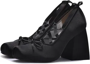 KOKOMOMO Womens Cute Goth Lolita Cosplay Shoes Bow Mary Jane Platform Satin Heels Lace Up Chunky Heel Pumps
