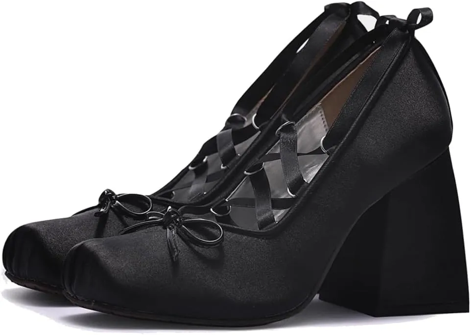 KOKOMOMO Womens Cute Goth Lolita Cosplay Shoes Bow Mary Jane Platform Satin Heels Lace Up Chunky Heel Pumps