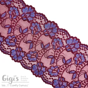 Lace, Stretch Lace, 6" Black Cherry Bluebird Floral Stretch Lace, 6 inch