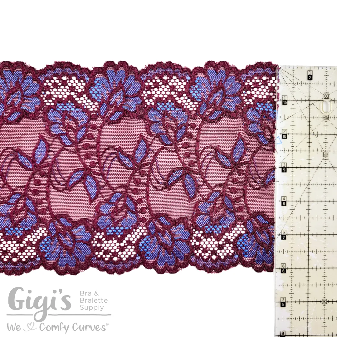 Lace, Stretch Lace, 6" Black Cherry Bluebird Floral Stretch Lace, 6 inch