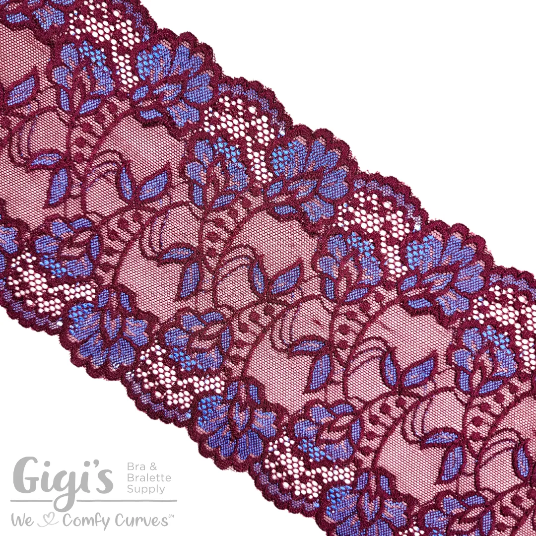Lace, Stretch Lace, 6" Black Cherry Bluebird Floral Stretch Lace, 6 inch