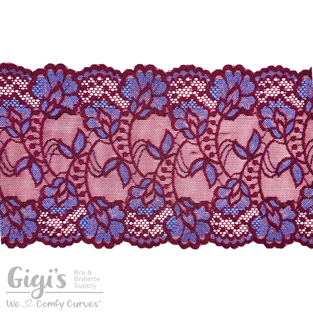 Lace, Stretch Lace, 6" Black Cherry Bluebird Floral Stretch Lace, 6 inch