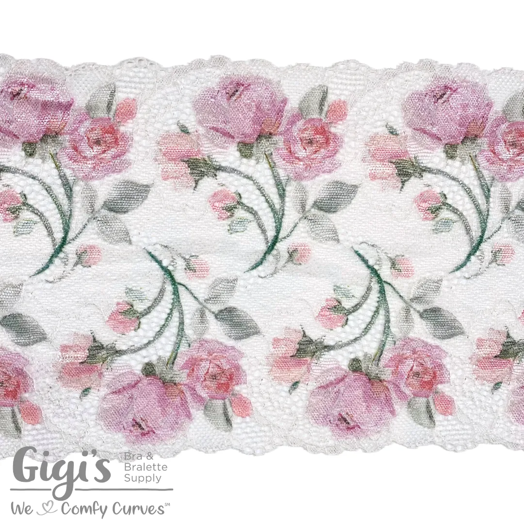Lace, Stretch Lace, 6" Glossy Rose Garden Stretch Lace, 6 inch