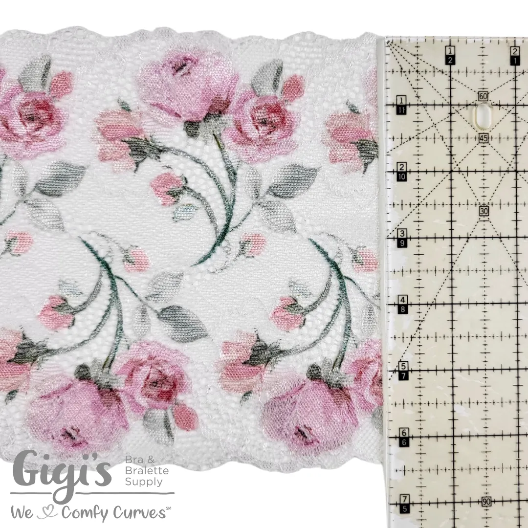 Lace, Stretch Lace, 6" Glossy Rose Garden Stretch Lace, 6 inch